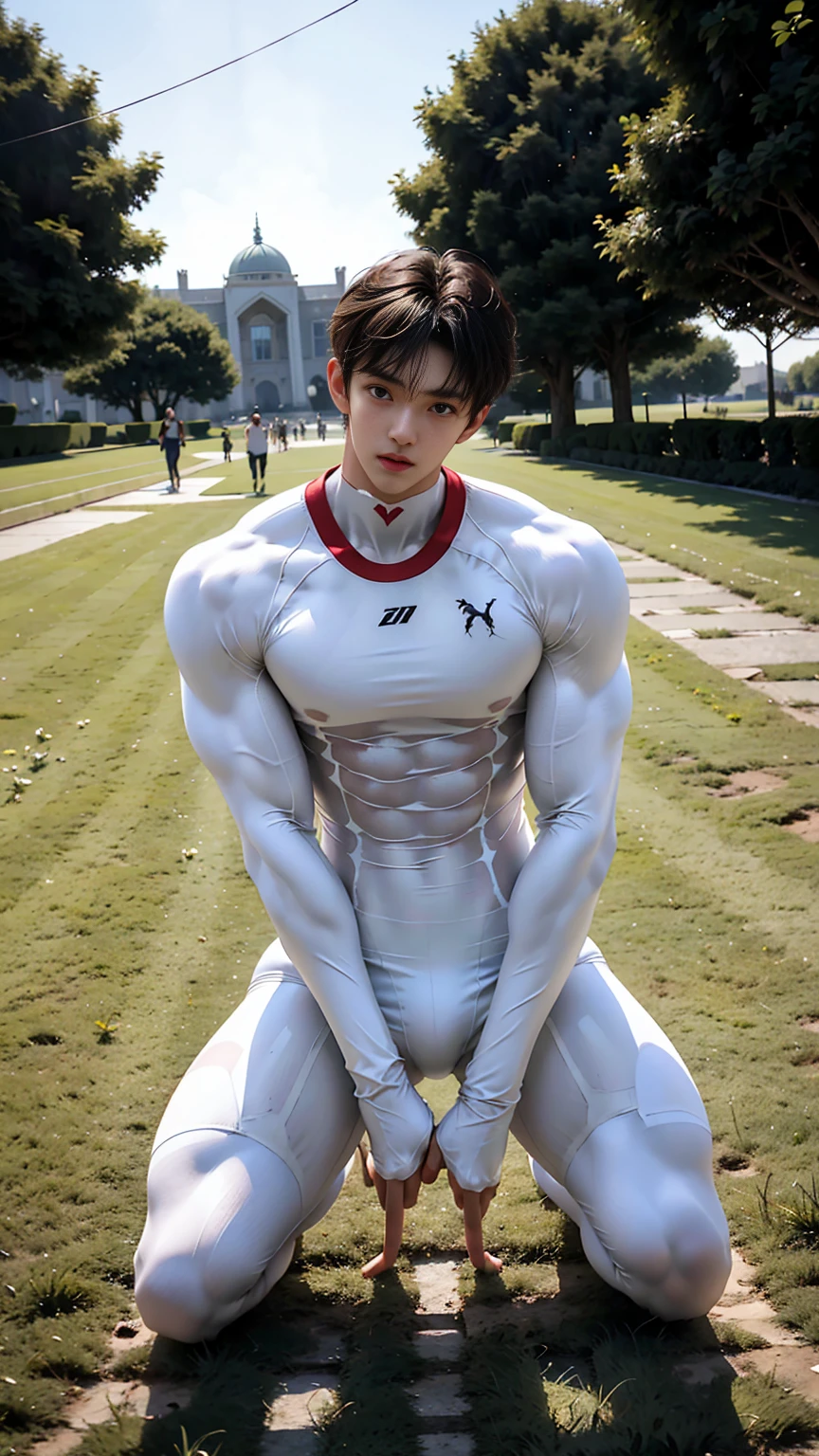 masterpiece,best quality,Look up at the characters，Front view，Stay away from the camera， (An 18-year-old boy with extraordinary development:1.2), （Tall and fit body），(Kneeling upright on the campus grass),White tight cycling suit,Broad and straight shoulders,Muscular shoulders，（Extremely strong body），Muscular body，Fitness，Perfect body proportions，Inverted triangle figure，Biceps，Highlight muscle texture， Muscular body，Slender and toned legs，Small head，Handsome and cute face，Perfectly detailed facial features,Looking at the camera，A serious and angry expression，leaning back,head tilt, happy, very short hair, brown hair,(looking at viewer:1.2)，full body，Vision