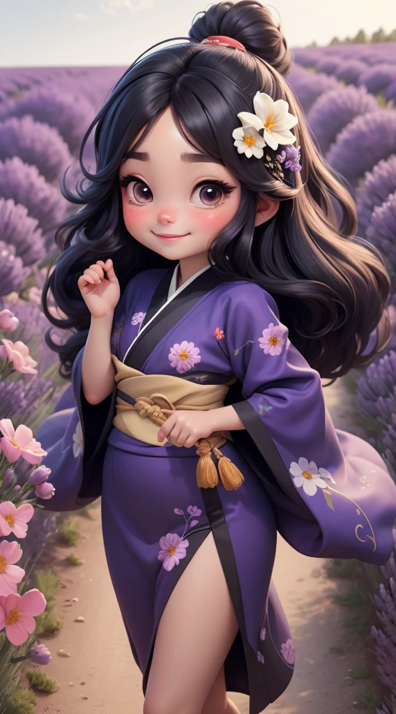 Create a baby chibi version of the Alice character in an 8K resolution. As a coloring book, the color should be black and white, the border should be simple, with the same line thickness, clear, and bold. A beautiful Asian girl with long, flowing black hair adorned with a delicate [lavender hair ornament] is strolling through the picturesque [lavender fields] of Furano, Hokkaido. She is wearing a stunning [kimono with lavender pattern], the vibrant purple colors contrasting with the vast expanse of blooming lavender. The girl's expression exudes a sense of tranquility and joy as she immerses herself in the beauty of the fragrant flowers, It's sunny, Detailed eyes, clear outlines, kawaii pose, A smile, Raise your right hand, Eye Up, Laugh, radiant light, Taken from the side. She should look adorable and cute. Give him a smiling expression and a sweet smile on his face, capturing the essence of the character in a delicate and charming way.