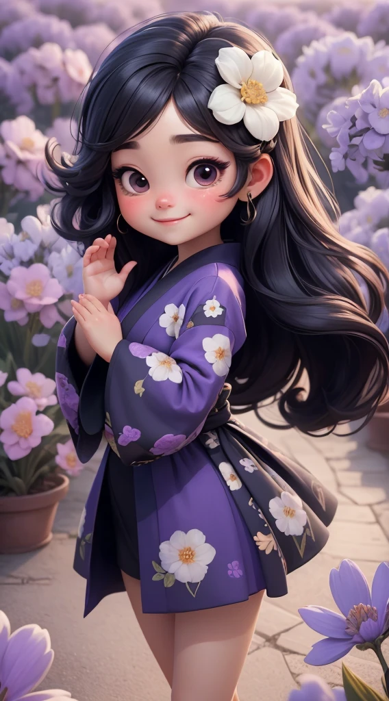 Create a baby chibi version of the Alice character in an 8K resolution. As a coloring book, the color should be black and white, the border should be simple, with the same line thickness, clear, and bold. A beautiful Asian girl with long, flowing black hair adorned with a delicate [lavender hair ornament] is strolling through the picturesque [lavender fields] of Furano, Hokkaido. She is wearing a stunning [kimono with lavender pattern], the vibrant purple colors contrasting with the vast expanse of blooming lavender. The girl's expression exudes a sense of tranquility and joy as she immerses herself in the beauty of the fragrant flowers, It's sunny, Detailed eyes, clear outlines, kawaii pose, A smile, Raise your right hand, Eye Up, Laugh, radiant light, Taken from the side. She should look adorable and cute. Give him a smiling expression and a sweet smile on his face, capturing the essence of the character in a delicate and charming way.