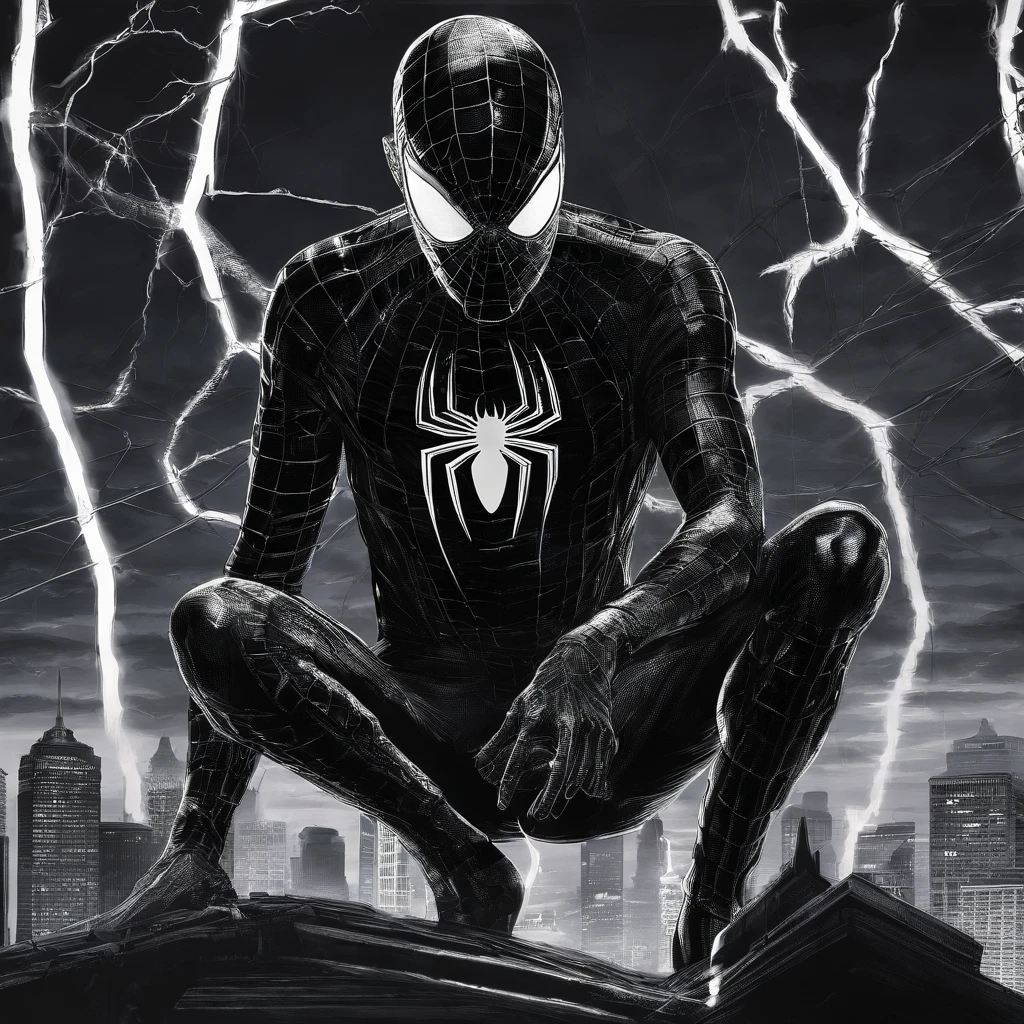 Create a portrait of Spider-Man wearing a futuristic suit with lightning in the background and some helicopters flying