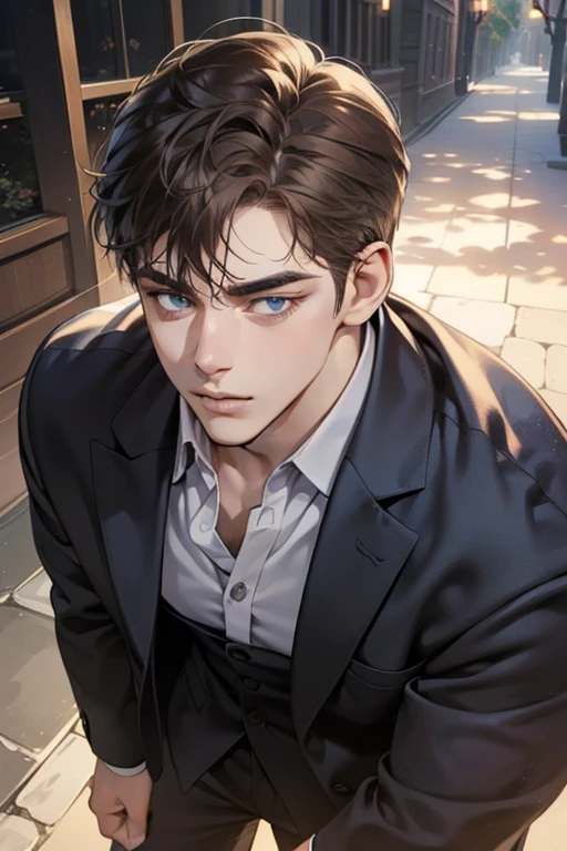 masterpiece, best quality, realistic, 1man, mature male, quiet and charming young man, 25 year old, serious look, closed mouth, portrait, extremely detailed face, cold smile, ((blue grey eyes)), ((short-right-swept dark brown hair)), [thick eyebrows], ((suit)), handsome, full body, western, Jewish, light brown skin,