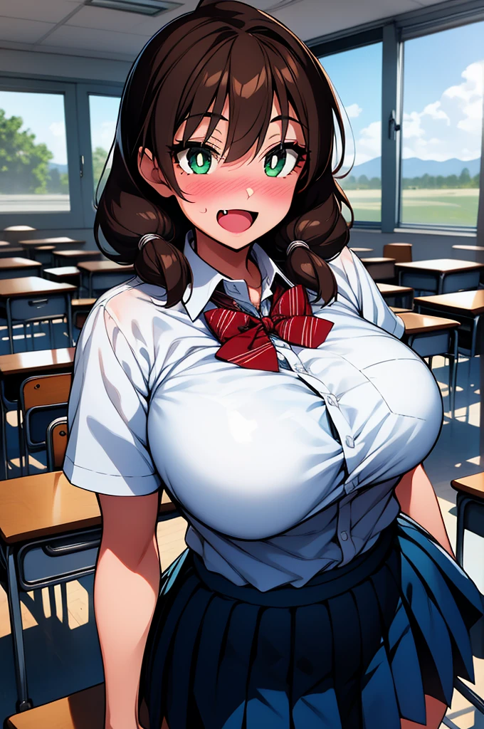 1girl, cowboy shot, (classroom:1.2), large breasts, (nose blush:1.2), open mouth, (fang:1.2), smile, short sleeves, 
amano_megumi, green eyes, bright pupils, white pupils, brown hair, twintails, , bowtie, collared shirt, pleated skirt, best quality, masterpiece, highres, 