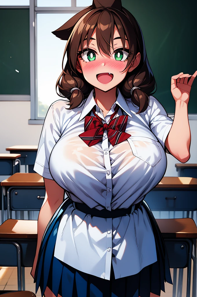 1girl, cowboy shot, (classroom:1.2), large breasts, (nose blush:1.2), open mouth, (fang:1.2), smile, short sleeves, 
amano_megumi, green eyes, bright pupils, white pupils, brown hair, twintails, , bowtie, collared shirt, pleated skirt, best quality, masterpiece, highres, 