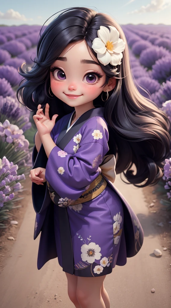 Create a baby chibi version of the Alice character in an 8K resolution. As a coloring book, the color should be black and white, the border should be simple, with the same line thickness, clear, and bold. A beautiful Asian girl with long, flowing black hair adorned with a delicate [lavender hair ornament] is strolling through the picturesque [lavender fields] of Furano, Hokkaido. She is wearing a stunning [kimono with lavender pattern], the vibrant purple colors contrasting with the vast expanse of blooming lavender. The girl's expression exudes a sense of tranquility and joy as she immerses herself in the beauty of the fragrant flowers, It's sunny, Detailed eyes, clear outlines, kawaii pose, A smile, Raise your right hand, Eye Up, Laugh, radiant light, Taken from the side. She should look adorable and cute. Give him a smiling expression and a sweet smile on his face, capturing the essence of the character in a delicate and charming way.