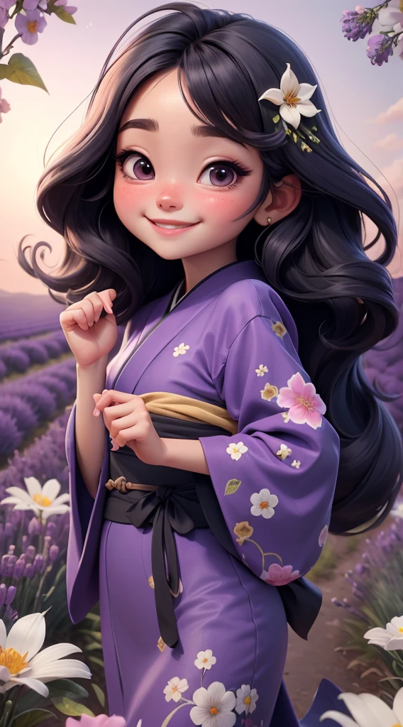 Create a baby chibi version of the Alice character in an 8K resolution. As a coloring book, the color should be black and white, the border should be simple, with the same line thickness, clear, and bold. A beautiful Asian girl with long, flowing black hair adorned with a delicate [lavender hair ornament] is strolling through the picturesque [lavender fields] of Furano, Hokkaido. She is wearing a stunning [kimono with lavender pattern], the vibrant purple colors contrasting with the vast expanse of blooming lavender. The girl's expression exudes a sense of tranquility and joy as she immerses herself in the beauty of the fragrant flowers, It's sunny, Detailed eyes, clear outlines, kawaii pose, A smile, Raise your right hand, Eye Up, Laugh, radiant light, Taken from the side. She should look adorable and cute. Give him a smiling expression and a sweet smile on his face, capturing the essence of the character in a delicate and charming way.