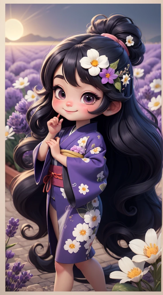 Create a baby chibi version of the Alice character in an 8K resolution. As a coloring book, the color should be black and white, the border should be simple, with the same line thickness, clear, and bold. A beautiful Asian girl with long, flowing black hair adorned with a delicate [lavender hair ornament] is strolling through the picturesque [lavender fields] of Furano, Hokkaido. She is wearing a stunning [kimono with lavender pattern], the vibrant purple colors contrasting with the vast expanse of blooming lavender. The girl's expression exudes a sense of tranquility and joy as she immerses herself in the beauty of the fragrant flowers, It's sunny, Detailed eyes, clear outlines, kawaii pose, A smile, Raise your right hand, Eye Up, Laugh, radiant light, Taken from the side. She should look adorable and cute. Give him a smiling expression and a sweet smile on his face, capturing the essence of the character in a delicate and charming way.