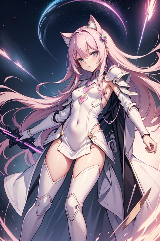 2d, Masterpiece, best quality, Highly detailed face, highly detailed background, perfect light, Japanese, very long hair, pink hair, tight outfits, tight armor. White dress with pink pattern, cyber suit, lightning all around, white stockings, pink shoes, cat ears, , flat chest, legs raised, legs spread.