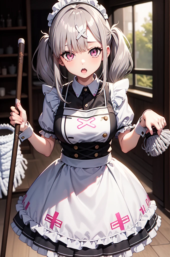 1girl ,anime style, masterpiece ,superfine resolution, intricate ,  straight-on , complex quality sukoya kana , gray hair, pink eyes, twintails,long hair, x hair ornament ,maid outfit , open mouth , :o , dizzy , tired, (holding mop:1.3),