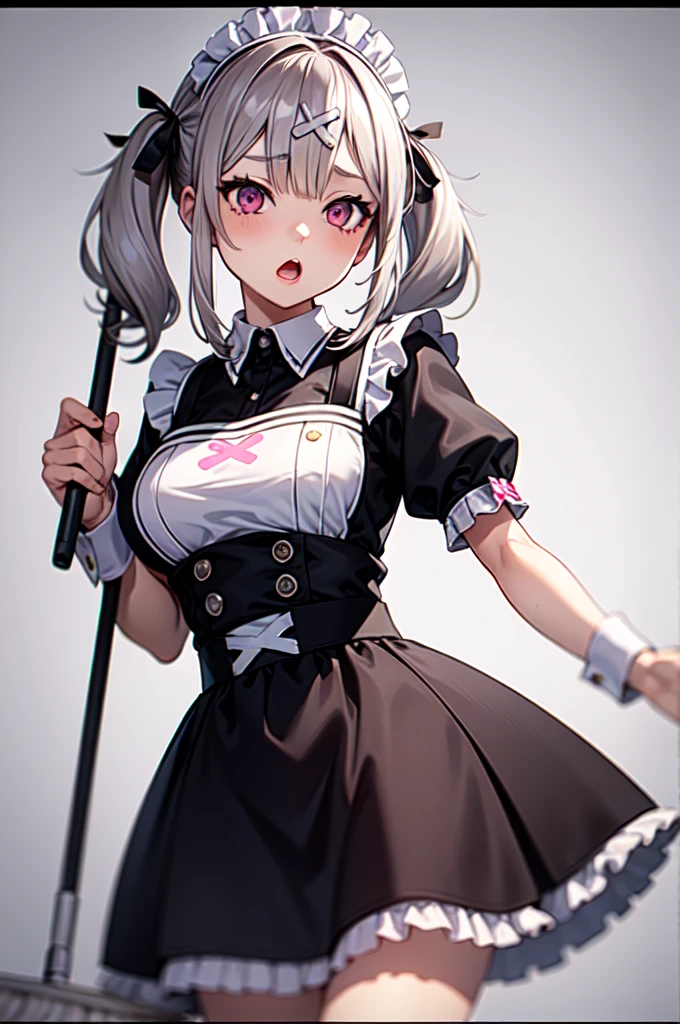 1girl ,anime style, masterpiece ,superfine resolution, intricate ,  straight-on , complex quality sukoya kana , gray hair, pink eyes, twintails,long hair, x hair ornament ,maid outfit , open mouth , :o , dizzy , tired, (holding mop:1.3),