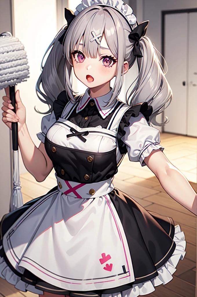 1girl ,anime style, masterpiece ,superfine resolution, intricate ,  straight-on , complex quality sukoya kana , gray hair, pink eyes, twintails,long hair, x hair ornament ,maid outfit , open mouth , :o , dizzy , tired, (holding mop:1.3),