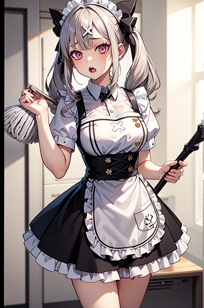 1girl ,anime style, masterpiece ,superfine resolution, intricate ,  straight-on , complex quality sukoya kana , gray hair, pink eyes, twintails,long hair, x hair ornament ,maid outfit , open mouth , :o , dizzy , tired, (holding mop:1.3),