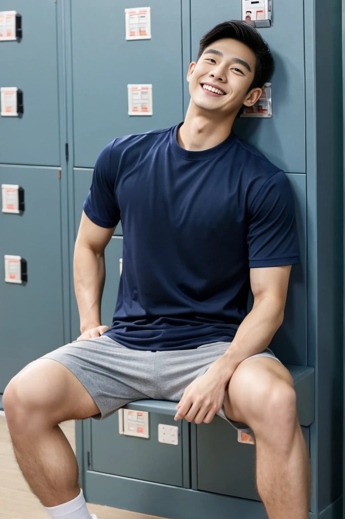 Korean man, Inspiration from Peng Yuyan, 23 years old, Korean muscular man ,The locker room is in the back, tight sports t-shirts, navy blue., open mouth smile