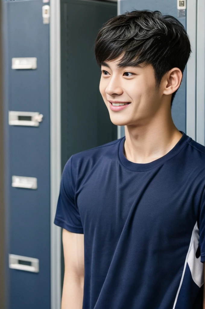 Korean man, Inspiration from Peng Yuyan, 23 years old, Korean muscular man ，The locker room is in the back, tight sports t-shirts, navy blue., open mouth smile