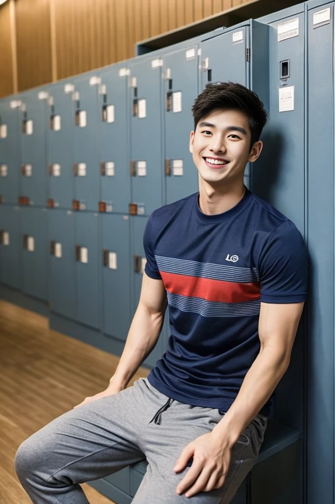 Korean man, Inspiration from Peng Yuyan, 23 years old, Korean muscular man ,The locker room is in the back, tight sports t-shirts, navy blue., open mouth smile