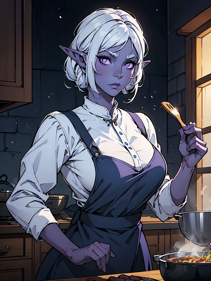 (1 girl, Short snow white hair, big purple beautiful eyes with long eyelashes, beautiful serious face, dark gray-blue skin elf, long ears, Drow), ((Cooking)), (Girl in an apron, cook), (fantasy, tavern, warm lighting, soft light, Evening atmosphere, Medieval), ((Detailed face, whole body, cookская одежда))
