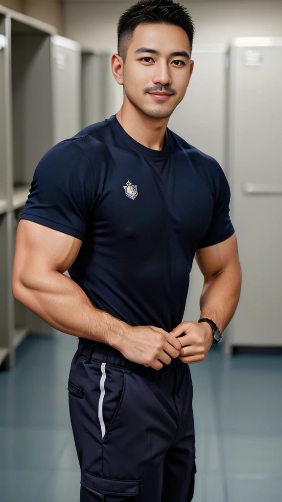 Masterpiece, best quality, high resolution, realistic, handsome, Take beautiful photos, Photo of the 35 year old gym association (The man has a thin mustache.) ,Full body, Portrait, Standing in the locker room, make military media, weight, Amazing , Buzzcut short hair,stubble head , (Hyper Muscle),looking at the audience, Flirt with the camera, charming, (Tight navy blue workout shirt. Cargo pants ),(GS-Male:1), 8k,Bokeh,Portrait,look at the viewer, smile