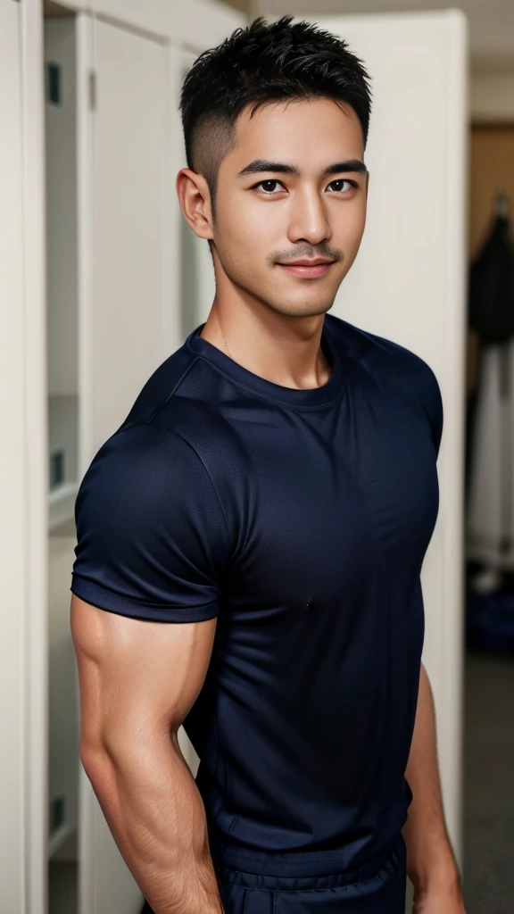 Masterpiece, best quality, high resolution, realistic, handsome, Take beautiful photos, Photo of the 35 year old gym association (The man has a thin mustache.) ,Full body, Portrait, Standing in the locker room, make military media, weight, Amazing , Buzzcut short hair,stubble head , (Hyper Muscle),looking at the audience, Flirt with the camera, charming, (Tight navy blue workout shirt. Cargo pants ),(GS-Male:1), 8k,Bokeh,Portrait,look at the viewer, smile
