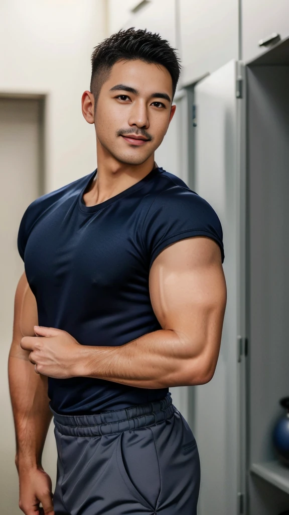Masterpiece, best quality, high resolution, realistic, handsome, Take beautiful photos, Photo of the 35 year old gym association (The man has a thin mustache.) ,Full body, Portrait, Standing in the locker room, make military media, weight, Amazing , Buzzcut short hair,stubble head , (Hyper Muscle),looking at the audience, Flirt with the camera, charming, (Tight navy blue workout shirt. Cargo pants ),(GS-Male:1), 8k,Bokeh,Portrait,look at the viewer, smile