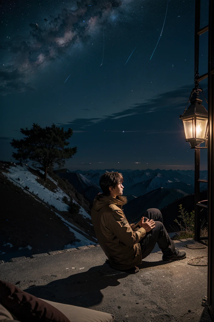 Make a 3D anime picture of a man sitting in a house at the top of a mountain and enjoying the beauty of the stars at night.
