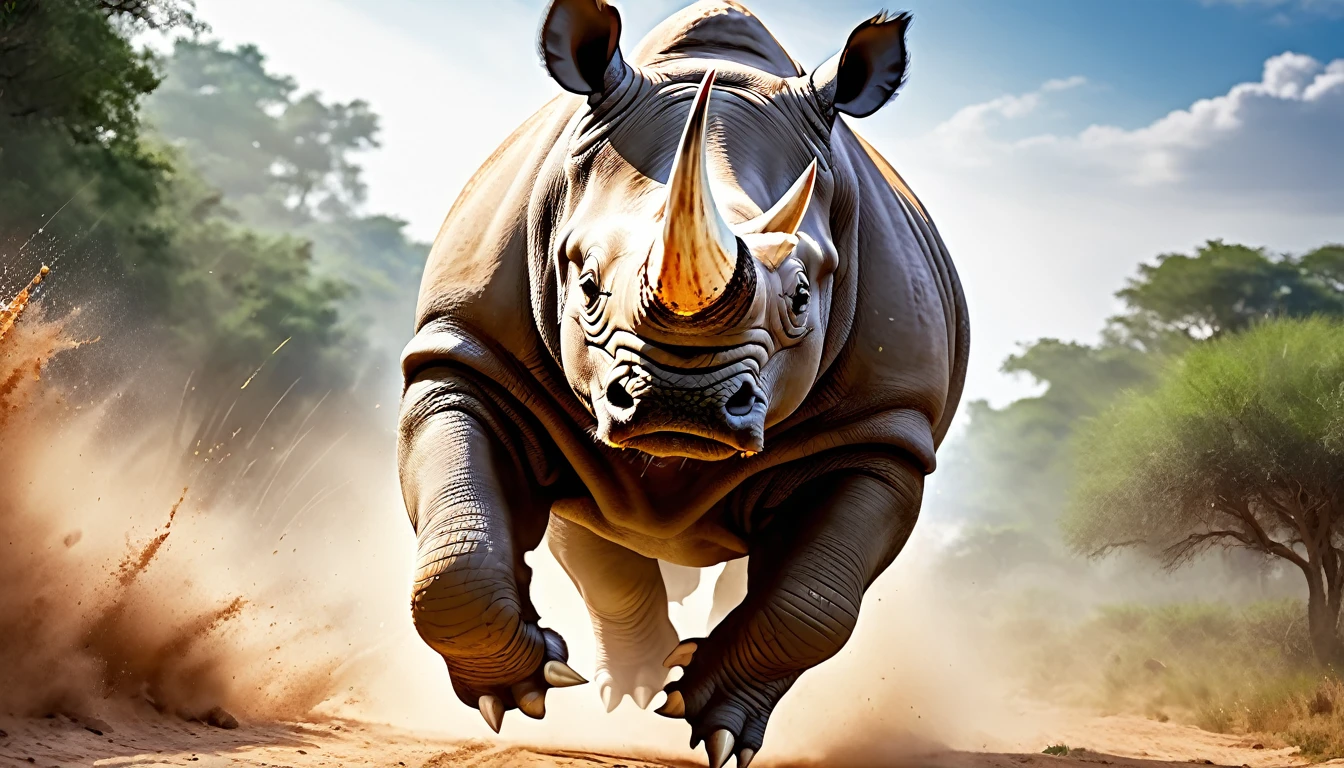 Realistic photos, RAW Photos, rhinoceros, attacks viewer, Powerful movements, jump on prey, ((Dynamic jump)), Sharp Claws, rhinoceros approaching from above, sudden approach, Bad-tempered, dynamic Shot from grand