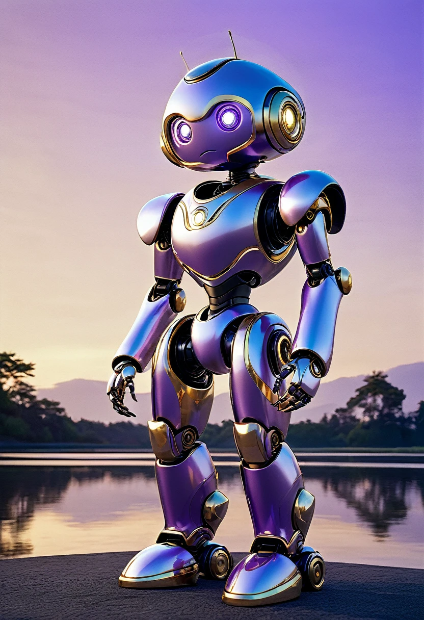 A tender and affectionate Bimo-style robot, featuring a soft purple exterior and a shiny golden metallic finish. The robot's design is intricate, with delicate lines and curves that give it a gentle, friendly appearance. Its eyes are large and expressive, reflecting a warm and caring demeanor. The robot stands against a backdrop of a serene, pastel-toned sky, emanating a sense of comfort and love.