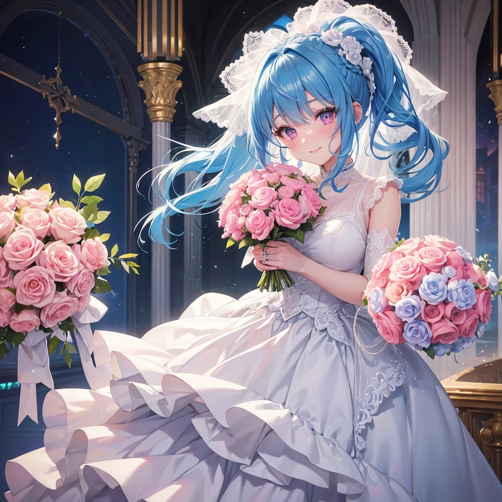 Sky blue hair, (Braided Ponytail),(Pink Eyes),Fair skin ,(whole body),(One Girl),bride,Big smile,Straight bangs,A dignified figure、 6月のbride,Wedding dress,(masterpiece, Highest quality, Very detailed, Best Shadow), (Detailed Background), (Beautifully detailed face), High Contrast, (Best lighting, Very delicate and beautiful), ((Cinematic Light)), colorful, Hyper Detail, Dramatic Light, Intricate details,Chapel background,Bouquet of roses,Ring on left ring finger,