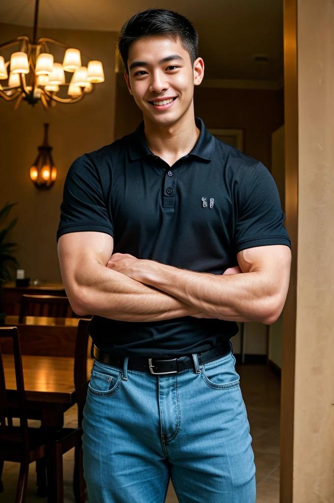 (best quality, 4K, 8k, high resolution, Masterpiece: 1.2), Special details, (realistically, As realistic as a photo, photo realistic: 1.37), Edge lighting, Extra detailed coloring, sharp focus, Physical rendering ,Extremely detailed description,professional,light color,Bokeh,Portrait,look at the viewer,
Young Asian man, 20 years old ,(Wearing a black polo shirt.), smile ,dining room