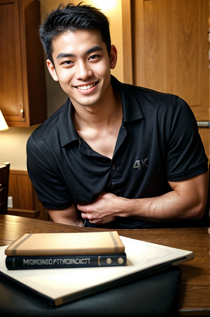 (best quality, 4K, 8k, high resolution, Masterpiece: 1.2), Special details, (realistically, As realistic as a photo, photo realistic: 1.37), Edge lighting, Extra detailed coloring, sharp focus, Physical rendering ,Extremely detailed description,professional,light color,Bokeh,Portrait,look at the viewer,
Young Asian man, 20 years old ,(Wearing a black polo shirt.), smile ,dining room