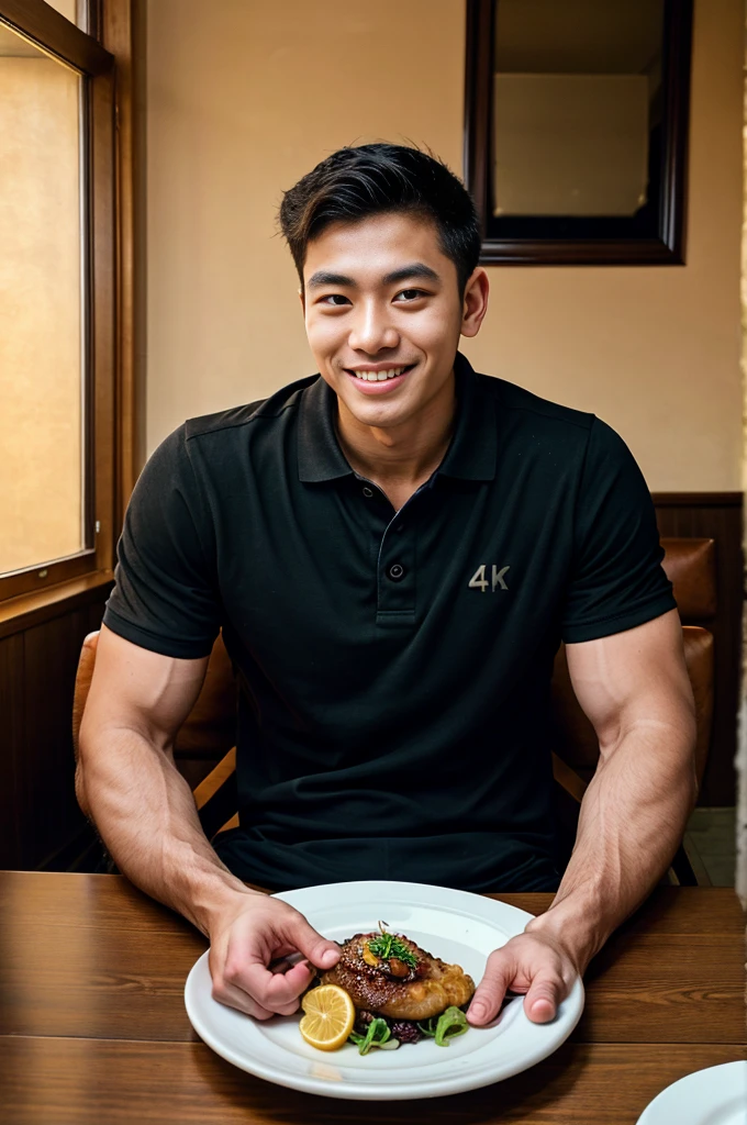 (best quality, 4K, 8k, high resolution, Masterpiece: 1.2), Special details, (realistically, As realistic as a photo, photo realistic: 1.37), Edge lighting, Extra detailed coloring, sharp focus, Physical rendering ,Extremely detailed description,professional,light color,Bokeh,Portrait,look at the viewer,
Young Asian man, 20 years old ,(Wearing a black polo shirt.), smile ,dining room