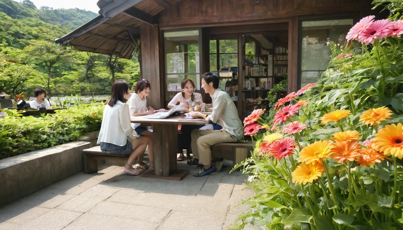 wood、Grass、Surrounded by flowers 大peopleや子供が勉強や仕事をしている。Natural daylight、people々are smiling happily and talking There is a long desk An open-air cafe in the middle of nature The sunlight pours in The is studying Adults are working 大peopleと子供が話をしている 大peopleと子供は笑顔 子供は16歳の男の子2peopleと女の子2people 20歳の男性と女性3peopleずついる 40歳の女性が2peopleいる 30歳の男性が3peopleいる Many gerbera flowers in bloom It's spring There is a large transparent roof. The sunlight is pointing The sky is blue and clear 15peopleのpeople々Used by people々They were smiling and talking.、Read books、I work on a computer No buildings、Only the transparent roof and pillars exist