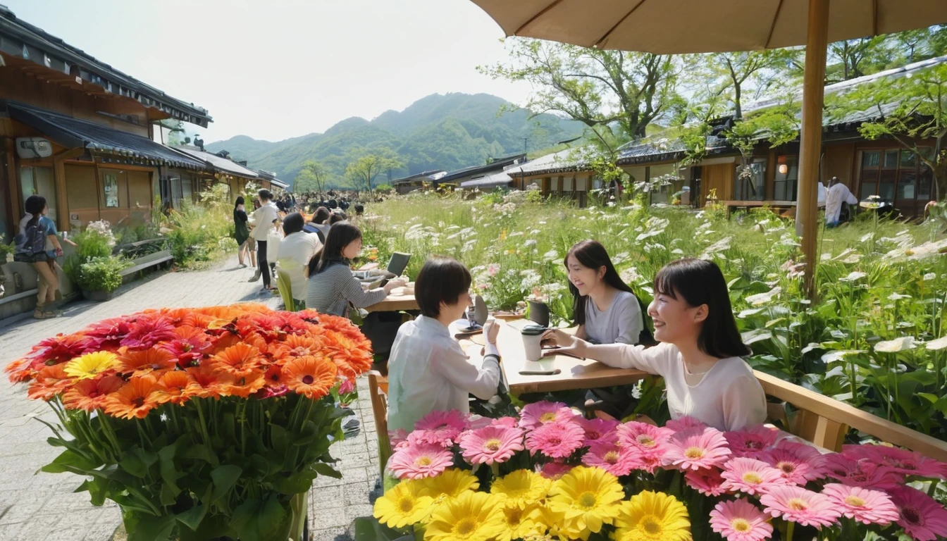wood、Grass、Surrounded by flowers 大peopleや子供が勉強や仕事をしている。Natural daylight、people々are smiling happily and talking There is a long desk An open-air cafe in the middle of nature The sunlight pours in The is studying Adults are working 大peopleと子供が話をしている 大peopleと子供は笑顔 子供は16歳の男の子2peopleと女の子2people 20歳の男性と女性3peopleずついる 40歳の女性が2peopleいる 30歳の男性が3peopleいる Many gerbera flowers in bloom It's spring There is a large transparent roof. The sunlight is pointing The sky is blue and clear 15peopleのpeople々Used by people々They were smiling and talking.、Read books、I work on a computer No buildings、Only the transparent roof and pillars exist