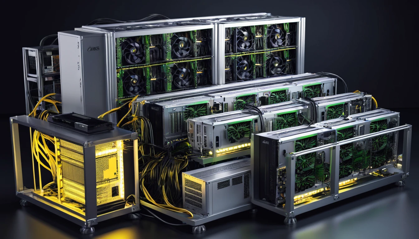 Illustration of a mining rig with GPUs and ASICs in operation, emitting digital currencies like Bitcoin. Reflects the process of cryptocurrency mining and technological advancement.