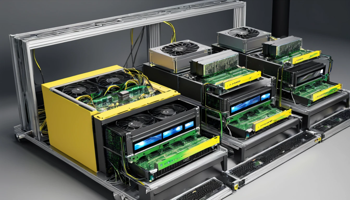 Illustration of a mining rig with GPUs and ASICs in operation, emitting digital currencies like Bitcoin. Reflects the process of cryptocurrency mining and technological advancement.