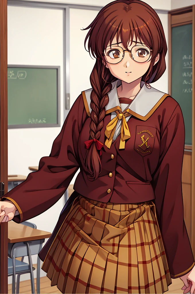 1girl, classroom, cowboy shot, standing,
kuon_eri, brown eyes, glasses, brown hair, long hair, single braid, hair over shoulder, , long sleeves, skirt, plaid skirt, best quality, masterpiece, highres,