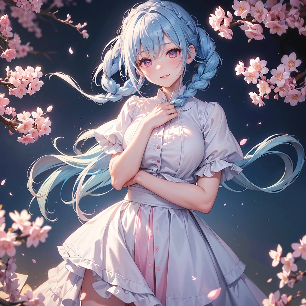 (Light blue medium hair),(Braided hair tied together)、Pink eyes、Fair skin、(whole body)、(uniform)、Cherry Blossoms at Night、A big smile、A dignified figure、solo、(masterpiece、Highest quality、Very detailed、Best Shadow)、(Detailed Background)、(Beautifully detailed face)、High contrast、(Best lighting、Very delicate and beautiful)、((Cinematic Light))、colorful、Hyper Detail、Dramatic Light、Exquisite detail、