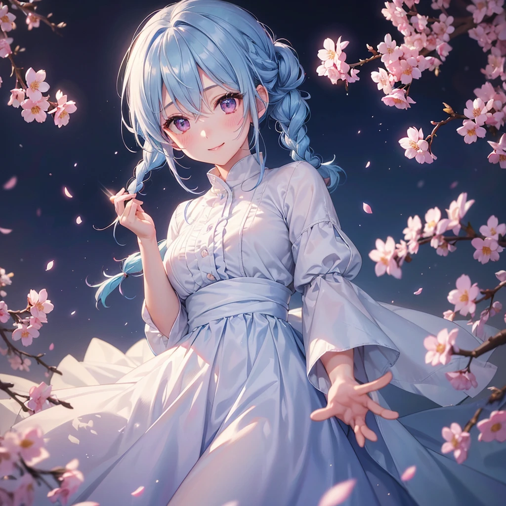 (Light blue medium hair),(Braided hair tied together)、Pink eyes、Fair skin、(whole body)、(uniform)、Cherry Blossoms at Night、A big smile、A dignified figure、solo、(masterpiece、Highest quality、Very detailed、Best Shadow)、(Detailed Background)、(Beautifully detailed face)、High contrast、(Best lighting、Very delicate and beautiful)、((Cinematic Light))、colorful、Hyper Detail、Dramatic Light、Exquisite detail、