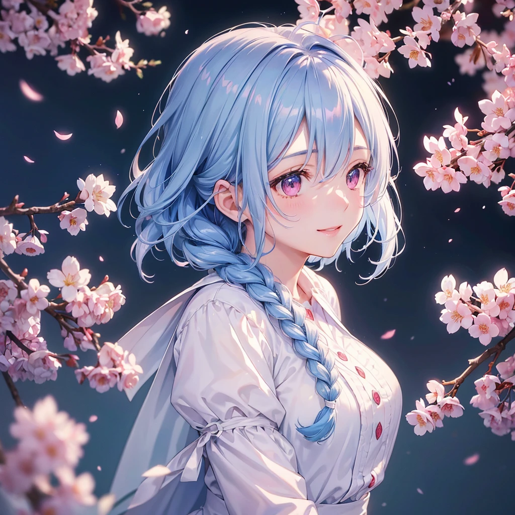 (Light blue medium hair),(Braided hair tied together)、Pink eyes、Fair skin、(whole body)、(uniform)、Cherry Blossoms at Night、A big smile、A dignified figure、solo、(masterpiece、Highest quality、Very detailed、Best Shadow)、(Detailed Background)、(Beautifully detailed face)、High contrast、(Best lighting、Very delicate and beautiful)、((Cinematic Light))、colorful、Hyper Detail、Dramatic Light、Exquisite detail、