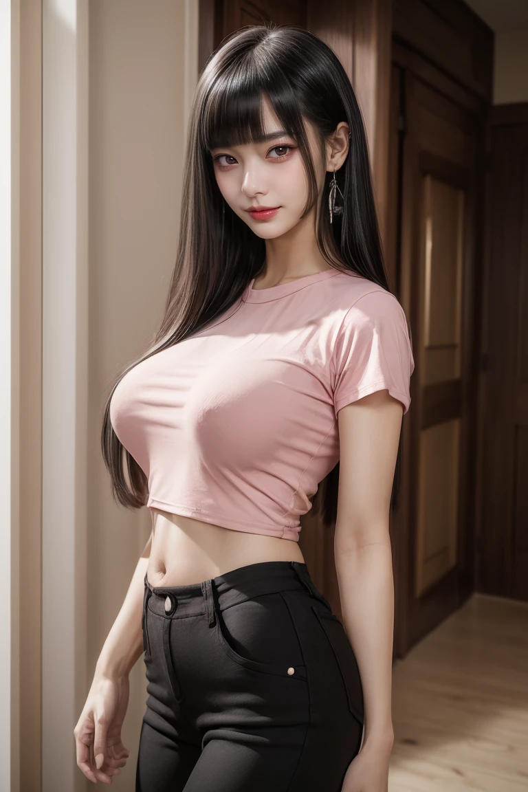 (belly button、Tight pink t-shirt:1.5)、Black skinny pants:1.2、Ultra-high resolution、(((Blunt bangs, Princess Van))), (((Very heavy,Voluminous bangs:1.1))),(((very length, Very heavy,Very voluminous side locks:1.1))),, Princess Cut, Straight bangs hairstyle, Round face with Blunt bangs, length, Glossless hair、The bangs are cut straight,(masterpiece, Highest quality:1.5), (Ultra-fine 8K CG:1.4), (hyperRealistic:1.25), (PhotoRealistic:1.25), (Realistic:1.4), Cowboy Shot,(Smile 1.3), Beautiful Japanese Girl, , Supermodel, Japanese Idols, (Grin), (Big Breasts:1.5), Sweat、(In the city:1.2)、Accentuate your cleavage、Black Hair:1.2、(Full body image:1.5)、((Real person:1.5))、Perfect balance、(From above:1.5)