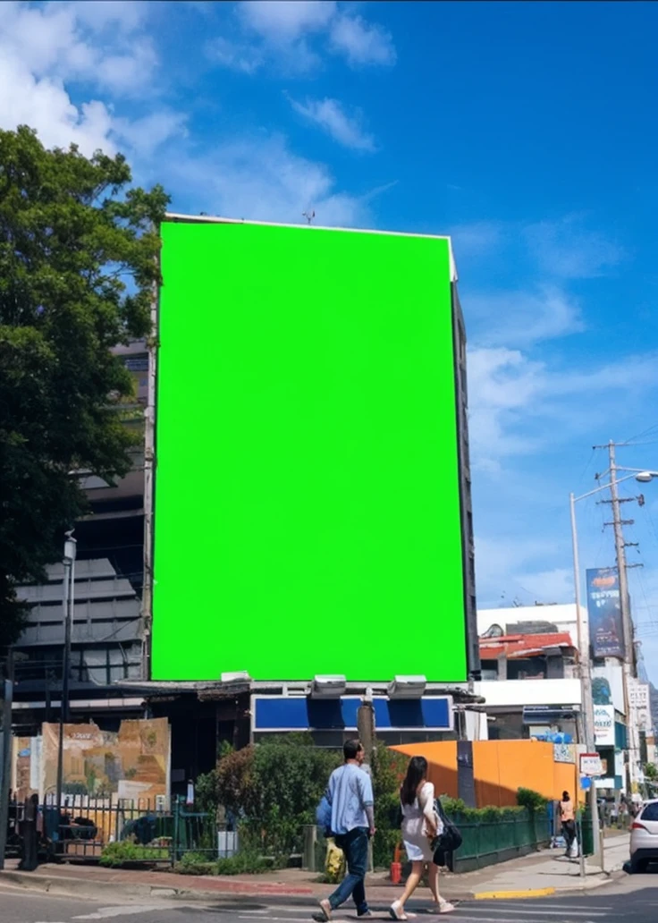Big billboard green screen, side street, people walking around, realistic, detail picture,