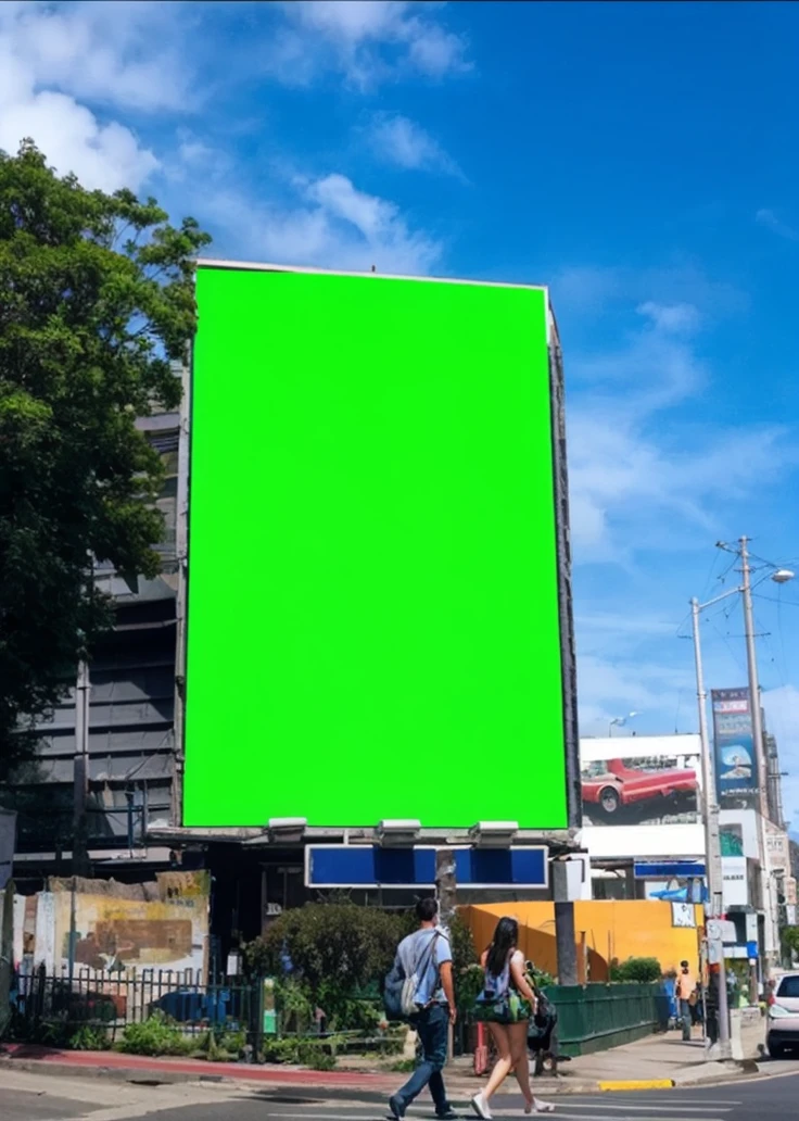 Big billboard green screen, side street, people walking around, realistic, detail picture, 