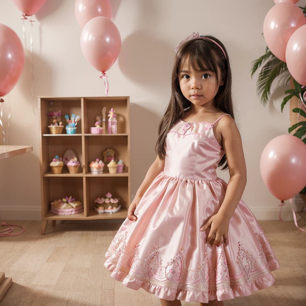 A highly detailed ultra realistic photography of filipina 5 years old baby girl dressed by a barbie gown in a background of birthday with barbie balloons and cake infront.