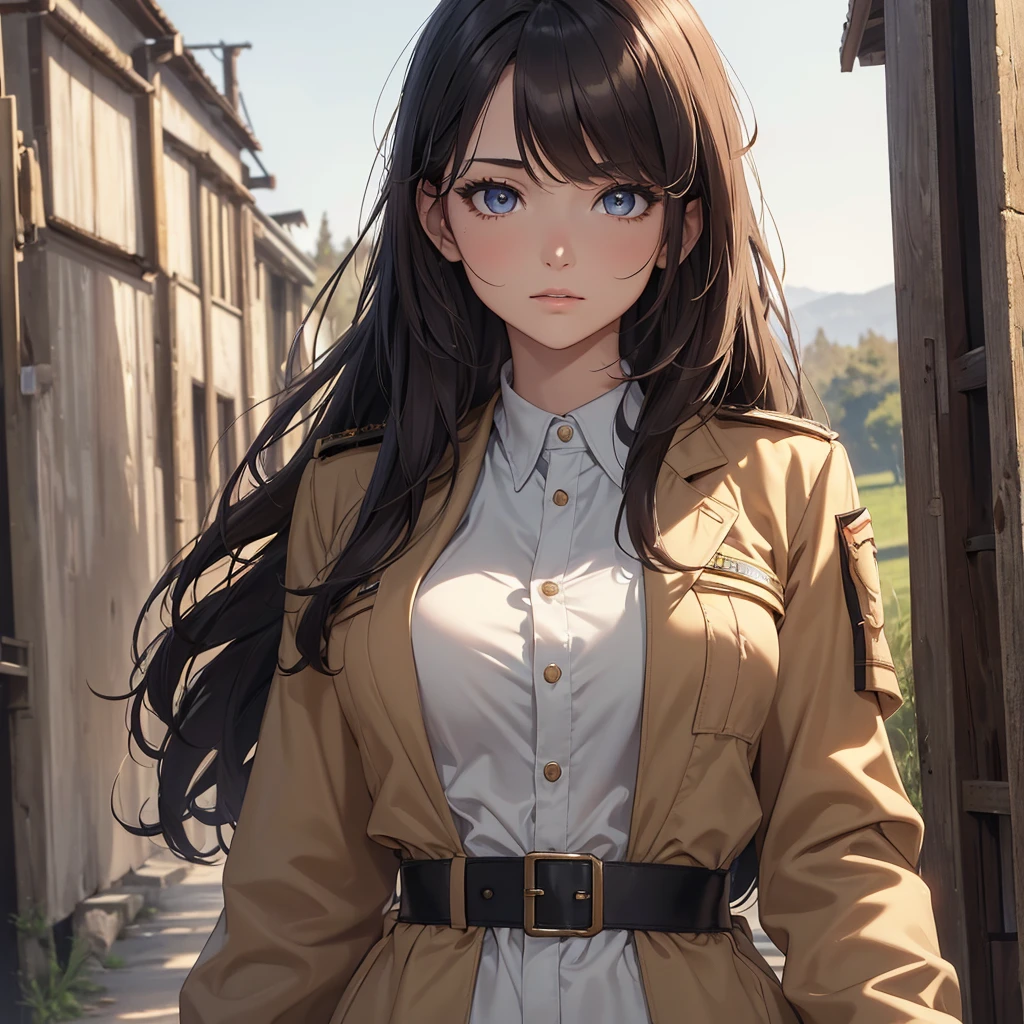 (8K, Best Quality, Masterpiece, Ultra High Resolution) 1Woman, Beautiful Eyes, Face Details, Dark Hair, Tied Hair, Hazel Eyes, Pale Skin, Tan Colored Military Uniform, Tan Jacket, White Fitted Shirt, Outside, Military Camp, Countryside, Best Quality, Upper Body, Looking at the Viewer, Facing Viewer, Close Up