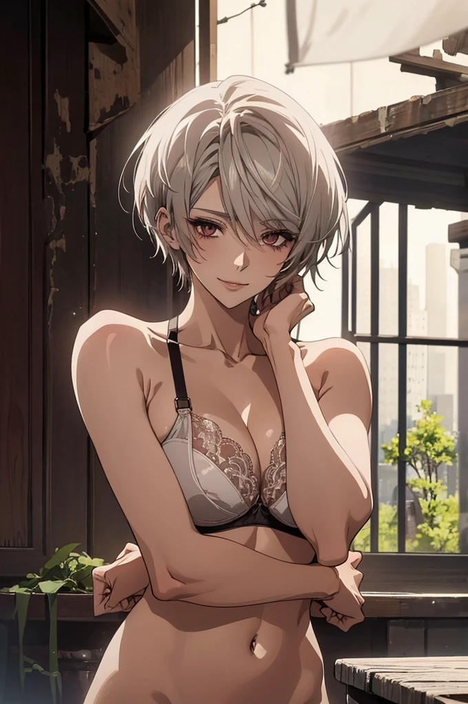 (Highest quality, High resolution, Very detailed), Silver Hair, Super short hair, Reddish brown eyes, red lace thong bra, Nude, Large Breasts, 24th generation, Beautiful woman, mature, quiet, Calm, A small smile, ruins,