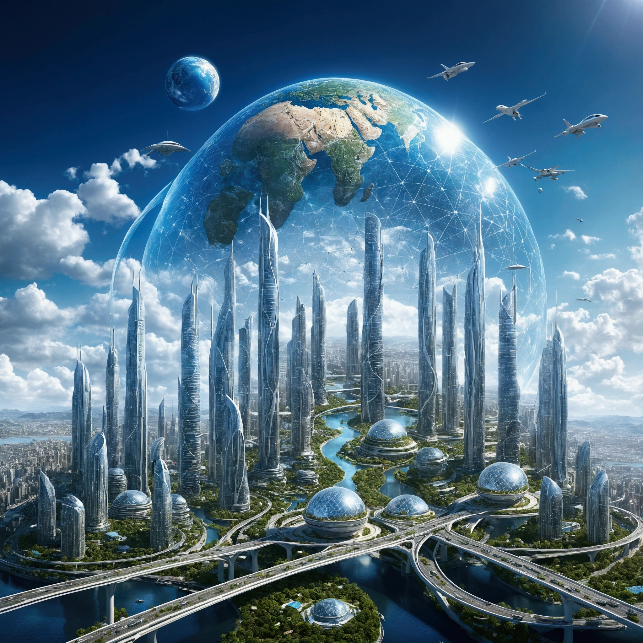 Sky city, sky island, high-tech city in the sky, city image with bridge and big globe, Future city background, City of the Future, Future Cityscape照片, Future Cityscape, Future Utopian City, Cybernetic city background, Future city background, beautiful City of the Future, Otherworldly city of the future, A vision of the city of the future, The city of the future of mankind