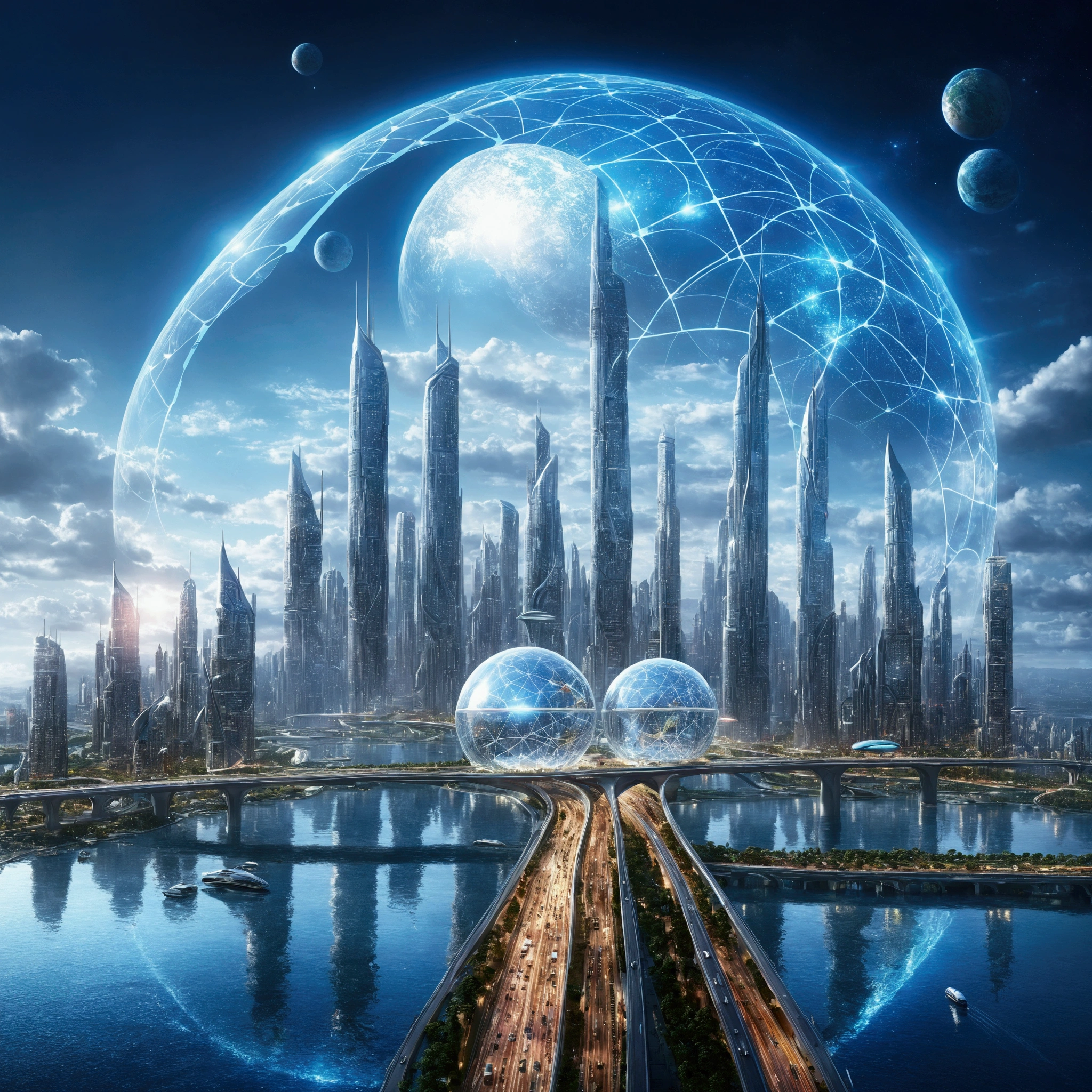 Sky city, sky island, high-tech city in the sky, city image with bridge and big globe, Future city background, City of the Future, Future Cityscape照片, Future Cityscape, Future Utopian City, Cybernetic city background, Future city background, beautiful City of the Future, Otherworldly city of the future, A vision of the city of the future, The city of the future of mankind