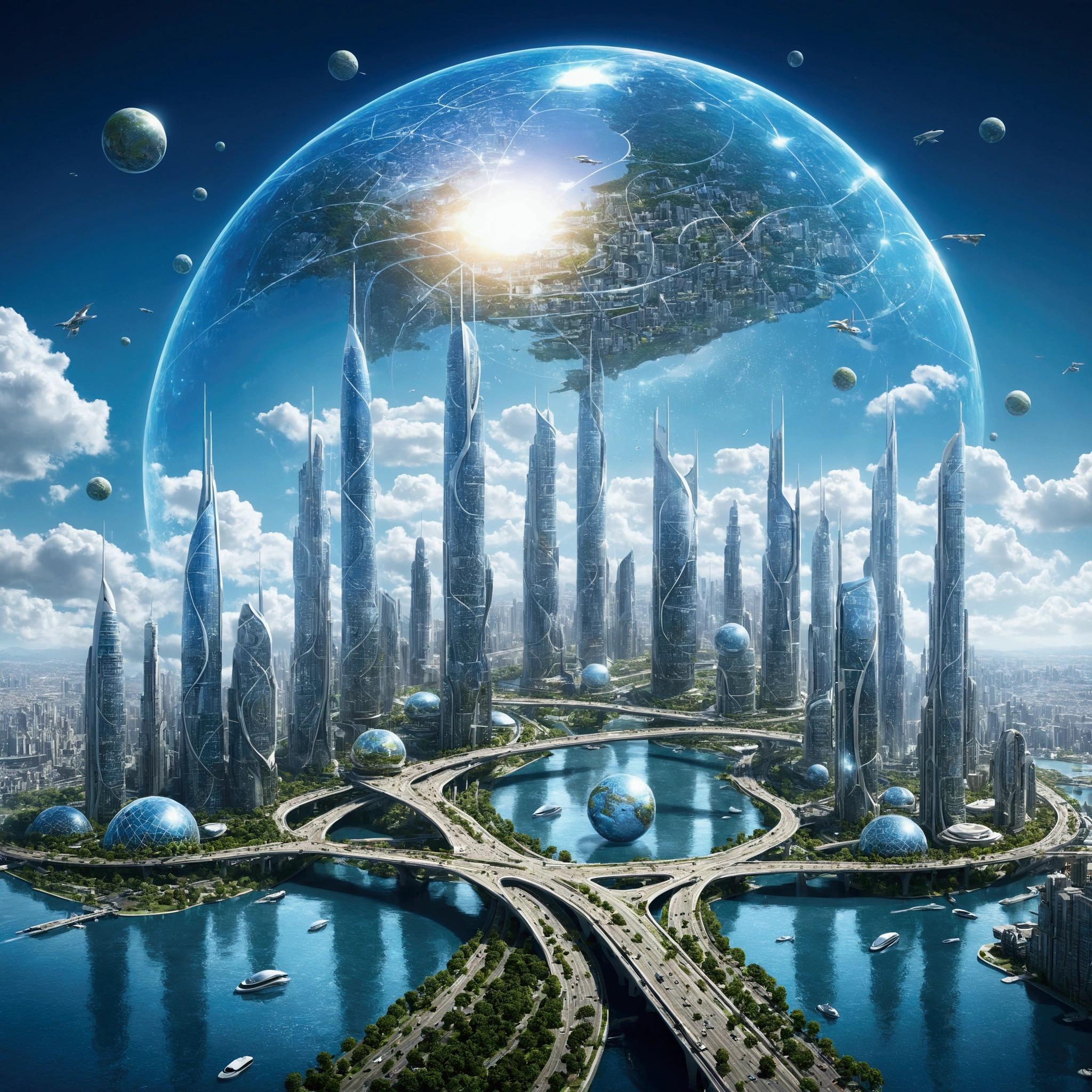 Sky city, sky island, high-tech city in the sky, city image with bridge and big globe, Future city background, City of the Future, Future Cityscape照片, Future Cityscape, Future Utopian City, Cybernetic city background, Future city background, beautiful City of the Future, Otherworldly city of the future, A vision of the city of the future, The city of the future of mankind