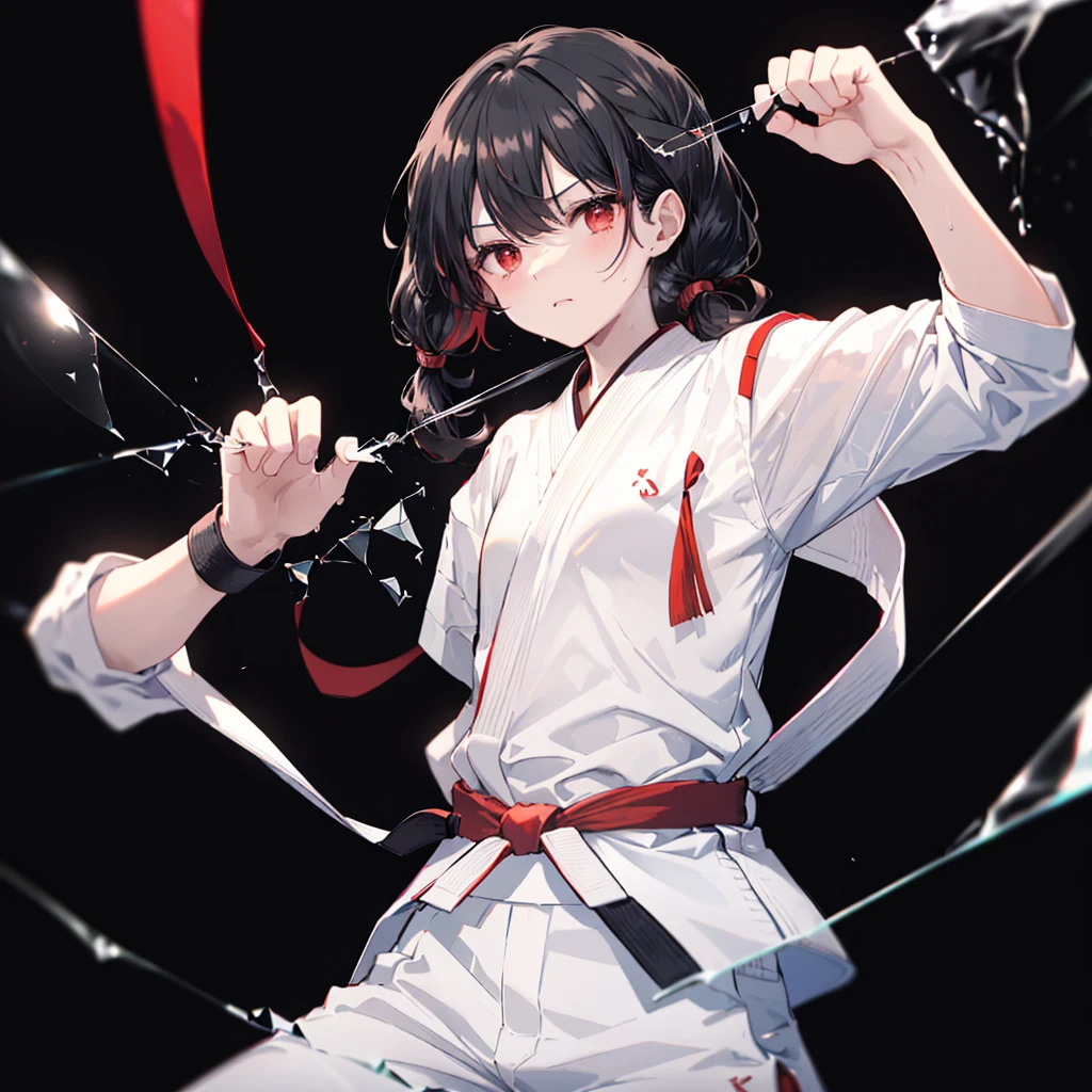 ((((Karate　Black belt、Straight punch　Breaking Glass))))　(((White Doshi　White trousers、Sweat　Bright red eyes　Black Hair　Long Hair　Tie your hair back)))　((Black background　Front close-up))　Shining Edge　Shining Background