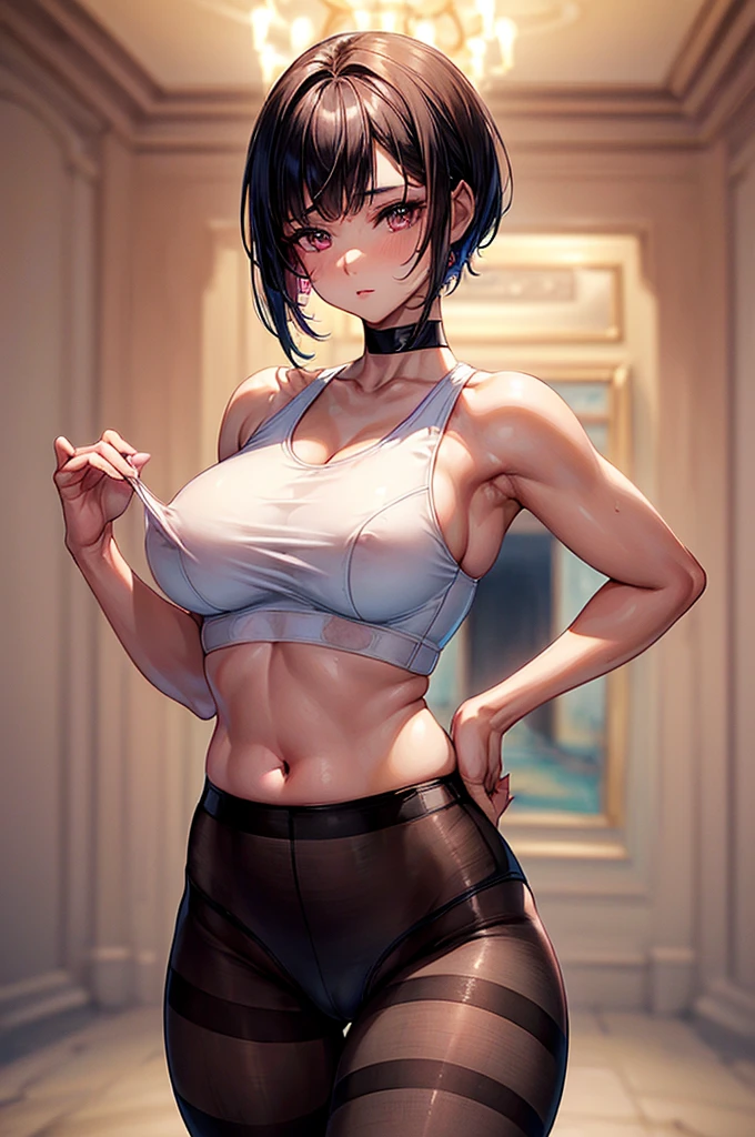 ((highest quality)),(ultra high resolution),(Super detailed),(detailed description),((best CG)),(best work of art),super precision art, great drawing art,(Art with precise details:1.5), (sleeveless sports bra with opaque waist high plain style pantyhose under crotchless thong panties 1 woman:1.5), beautiful and well-shaped face:1.5,(Beautiful skin with precise and detailed depiction:1.6),(:1.5),provocative angle:1.6,gorgeous, beautiful young age girl, 13 yghtly tanned white skin, short shoulder length hair, sleek dark violet-black hair, Pixie cut hair, big round velvet colored eyes, fringe bangs over forehead, oval shaped face, sharp facial features, high-bridged nose, full cherry pink lips. medium height(172cm). D-cup breasts, small narrow waist. small delicate curvy hips, smooth silky thick thighs, large round ass, hourglass figure, slim yet plump thick build, standing upright, full body picture, hip-level shot. classy and opulent bedroom setting, back view