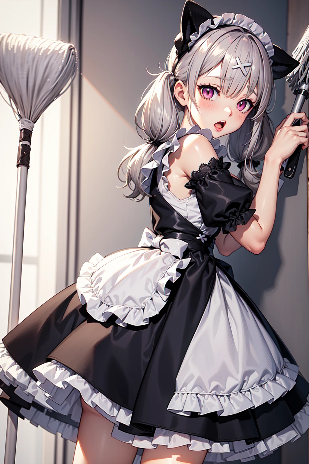 1girl ,anime style, masterpiece ,superfine resolution, intricate ,  straight-on , complex quality sukoya kana , gray hair, pink eyes, twintails,long hair, x hair ornament ,maid outfit , open mouth , :o , dizzy , tired, (holding mop:1.3),