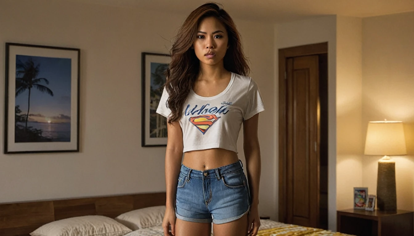 "Generate a photo-realistic image portraying a Hispanic-Filipina woman, aged 28, standing in a bedroom of a condo apartment in the Philippines. Her skin is dark tan, complementing her Hispanic-Latin-Filipina heritage. She has a slender, figure and sports waist-length, thick hair and a flat nose. Her outfit consists of small shorts and a t-shirt. The setting is captured in the evening with twilight hues filtering through the living room window. The photograph should focus on capturing detailed emotions in her angry, furrowed brow, pouting face and the rich details of her hair, using a 2.8 aperture for a depth of field effect."